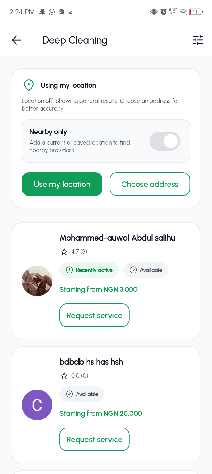 Customer app showing providers available for deep cleaning