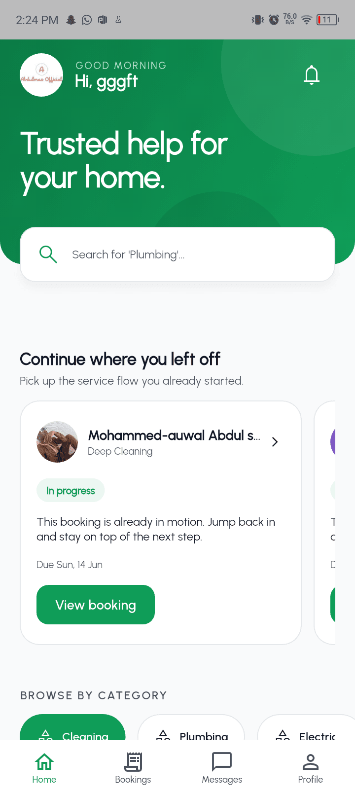 Servma customer app home showing service search and booking progress