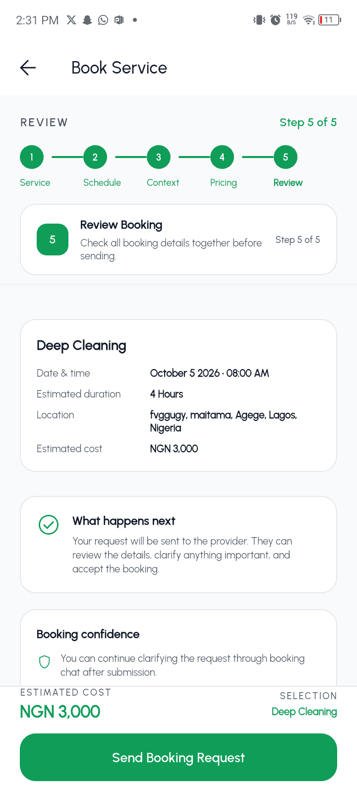 Customer app booking review before the request is sent