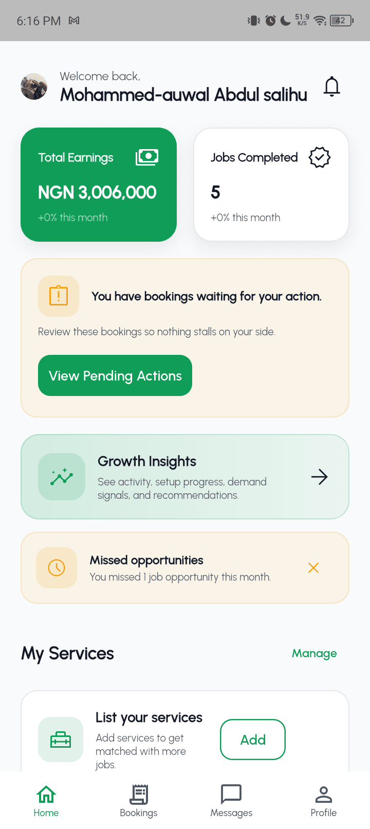 Provider app dashboard with jobs and business activity